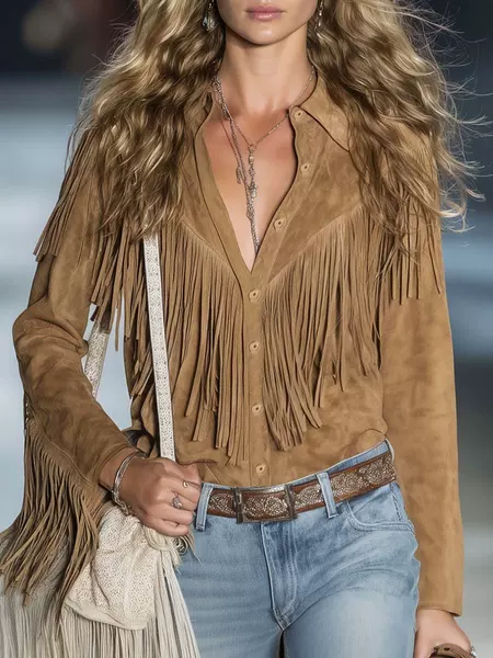 Cross-Border Autumn New Tassel Suede Jacket for Women European and American Solid Color Lapel Short Slim Autumn and Winter Jacket for Women