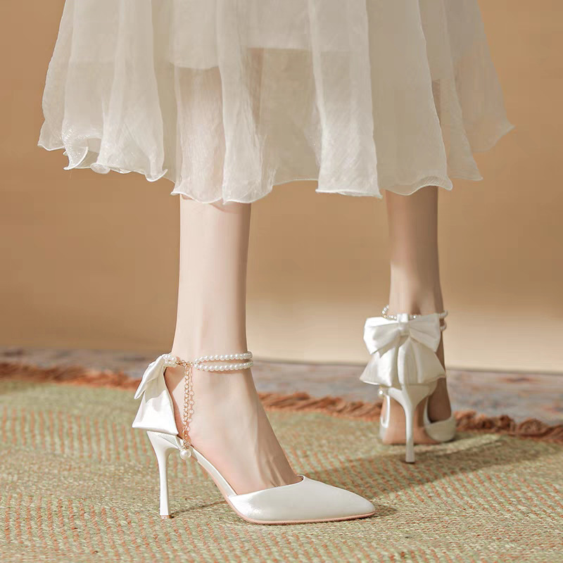 Pointed-toe Women's Shoes, New Autumn 2025 Model, A Single Strap, Pearl Bow, Fairy-style White High With Thin Heels_vogvips.com