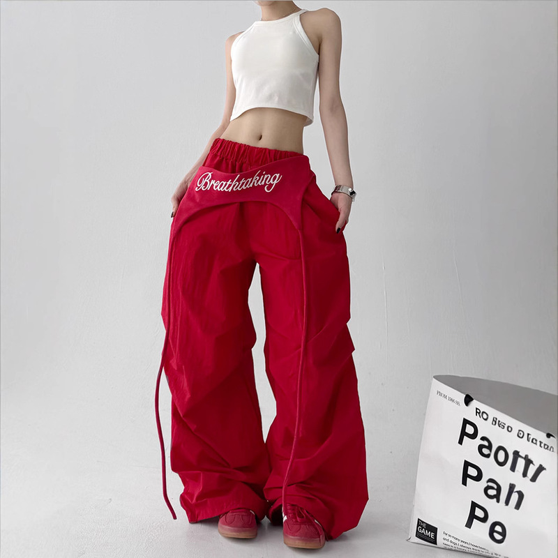 アメリカントレンドの女性用ワイドレッグパンツ、重ね着ストラップデザイン、ヒップホップジャズレトロカジュアルルーズシミターパンツ、トレンディ|undefined