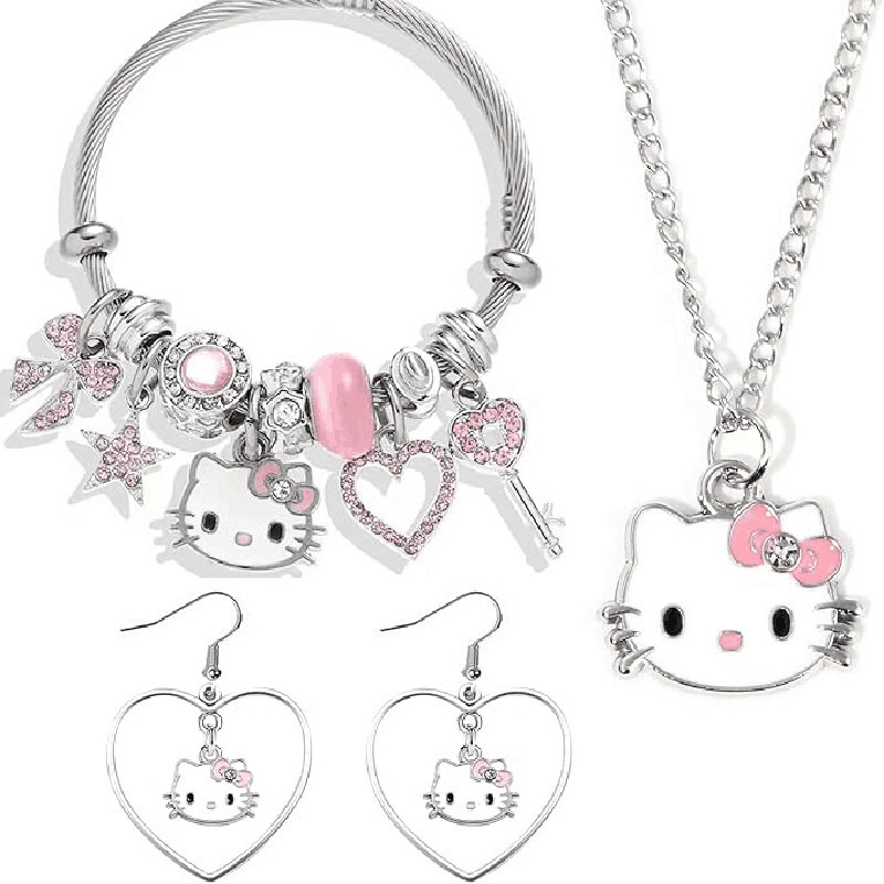 Amazon Cross-Border New Kt Cat Three-Piece Bracelet Necklace Earrings Diamond Cat Pendant Opening Adjustable Bracelet