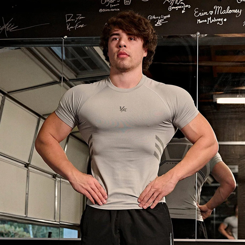 YOUNGLA Men's T-Shirt Summer New Gym Sports Fitness Quick-drying Breathable Elastic Round Neck Short Sleeve Top
