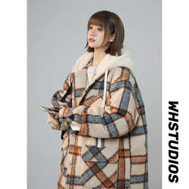 秋冬设计感棉服男款潮牌宽松格纹连帽毛呢假两件加厚棉衣外套外套