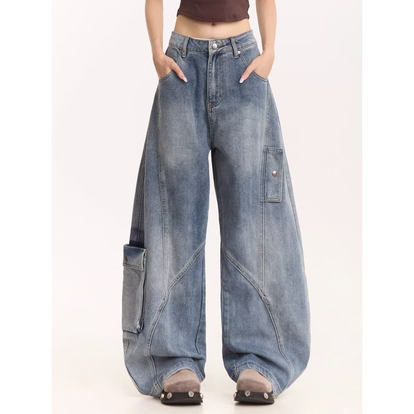 美式复古重工水洗牛仔裤女秋季潮牌痞帅拼接做旧宽松阔腿休闲长裤