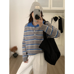 木四 polo领条纹套头毛衣女秋冬新款韩系宽松miumiu针织上衣M6698