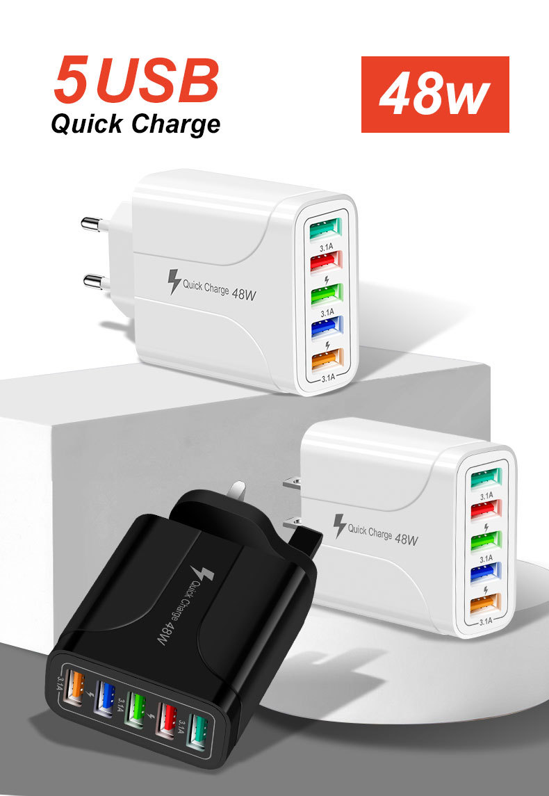 Novo carregador rápido de celular 5USB 5.1A com múltiplas portas, adaptador de viagem padrão americano, europeu e britânico, cabeça de carregamento_voghion.com
