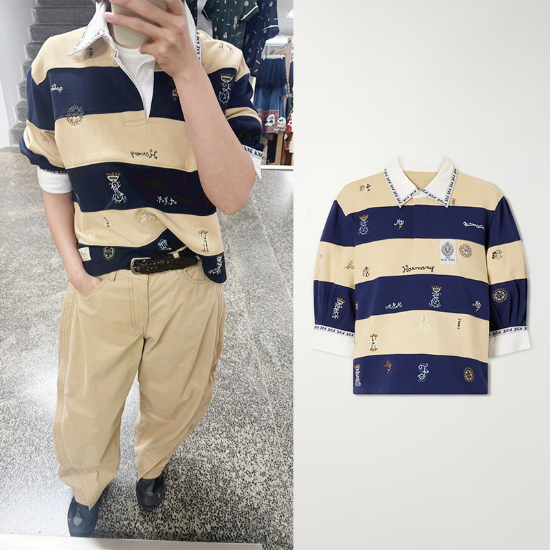 French niche 2026 early autumn British style badge rugby color-block striped turn-down collar mid-sleeve polo shirt 26793 French niche 2026 early autumn British style badge rugby color-block striped turn-down collar mid-sleeve polo shirt 26793