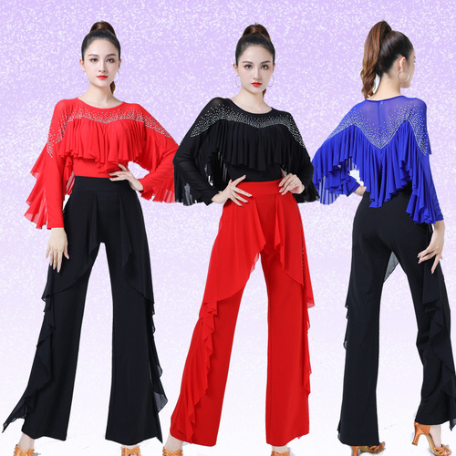 Jitterbug clothing women's new diamond-encrusted ruffle dance costumes ballroom dance square dance practice clothes Latin dance tops