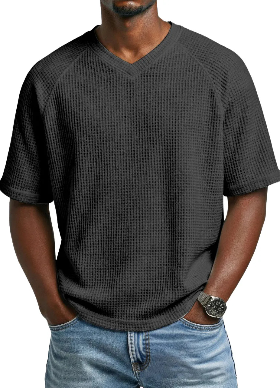 2026 Europa y América primavera y verano estación independiente transfronteriza hombre moda waffle de punto mangas de hombro de cuello en V camiseta de hombre de mangas cortas