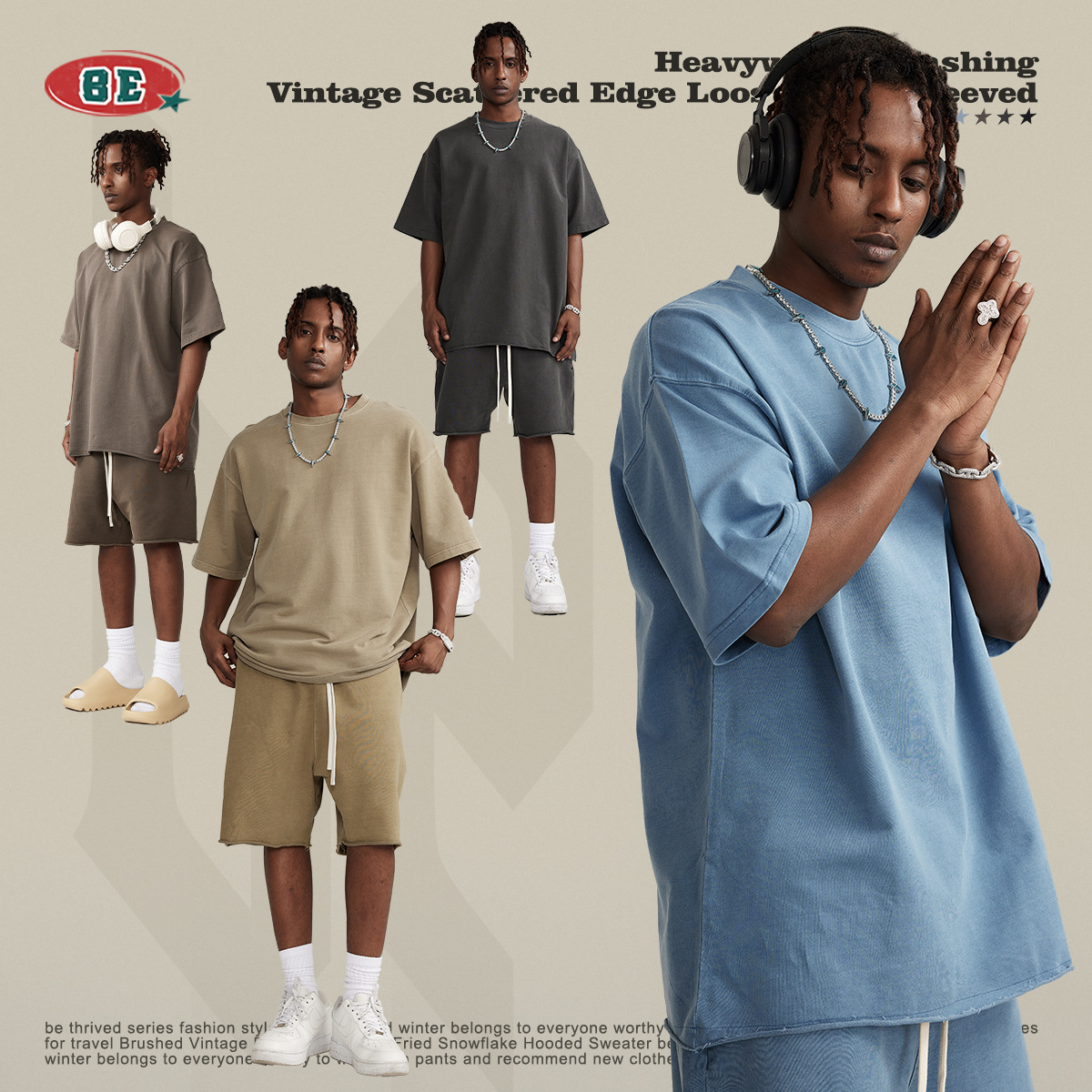 BE ropa de hombre 2025 primavera y verano marca de moda pesada lavado de manga corta adolescente suelto lado suelto camiseta de hombre guapo algodón