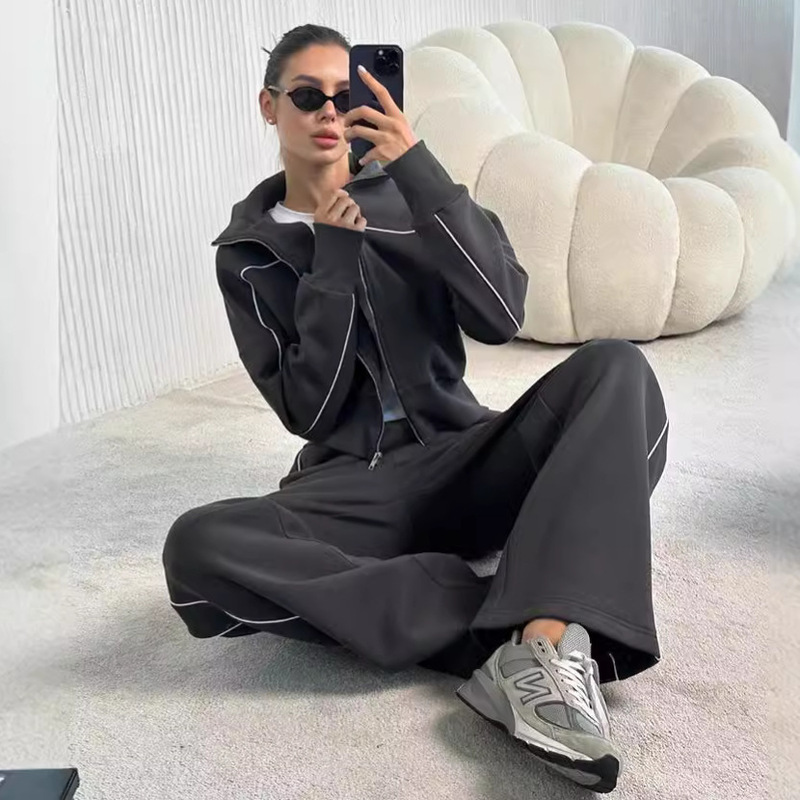 Amazon European and American New Autumn Casual Suit Women's Long-Sleeved Zipper Sweatshirt Jacket Stripesd Elastic Pants Two-Piece Set