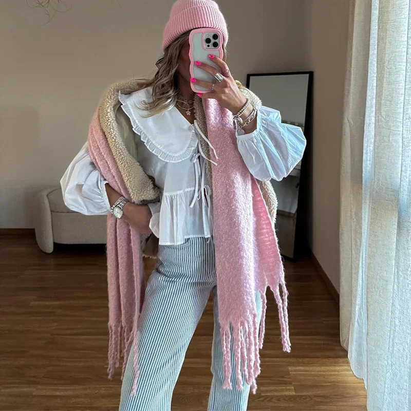 Turndown Neckline Loose Fit Type Wholesale Women's Streetwear Solid Color Long Sleeve Blouses