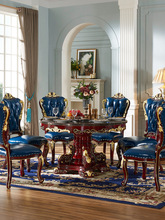歐式大理石餐桌椅組合新古典紅檀色實木雕花客廳6-8人吃飯圓餐桌