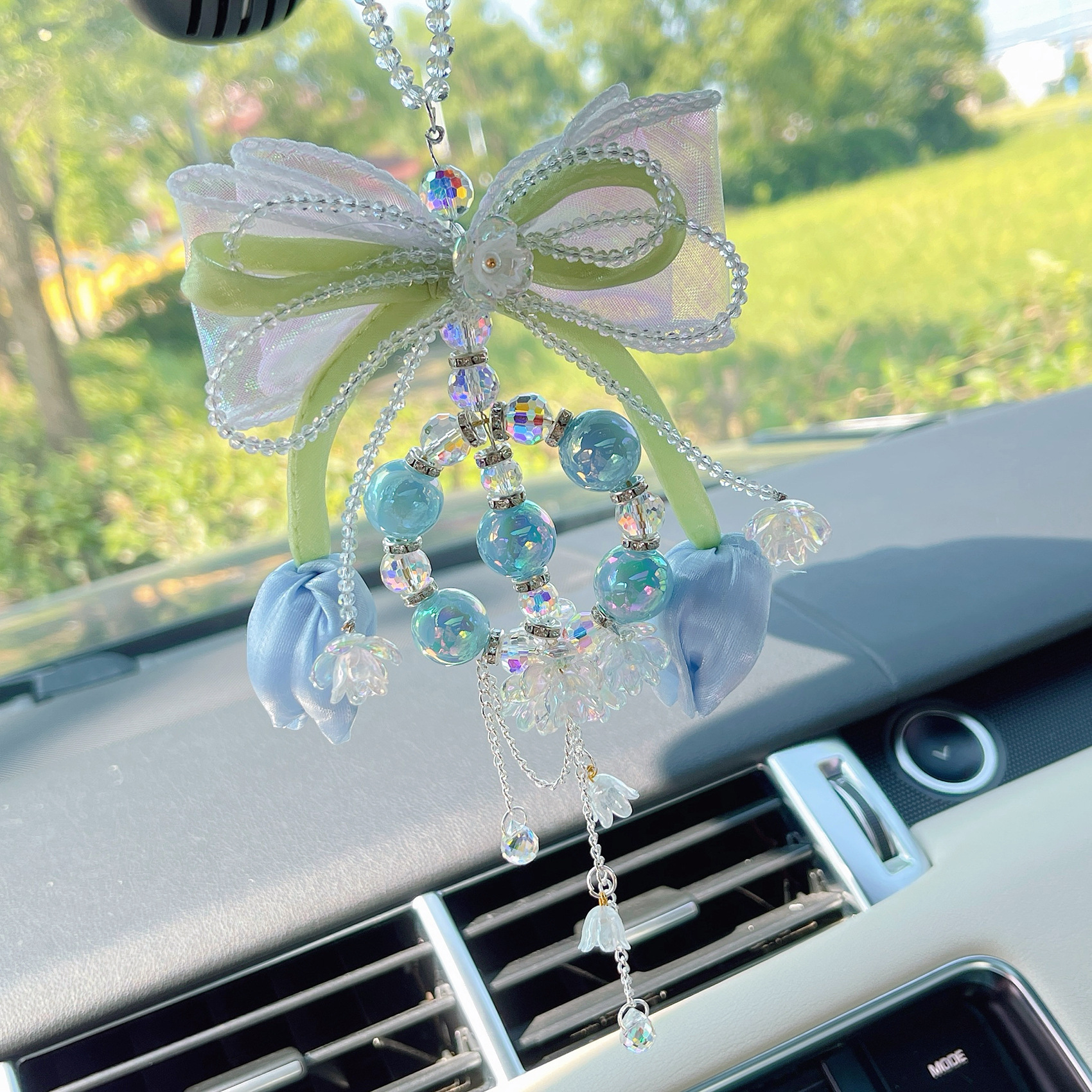 Tulip Bow Car Pendant Crystal Car Rearview Mirror Lily of the Valley Flower Pendant Fairy Car Decoration