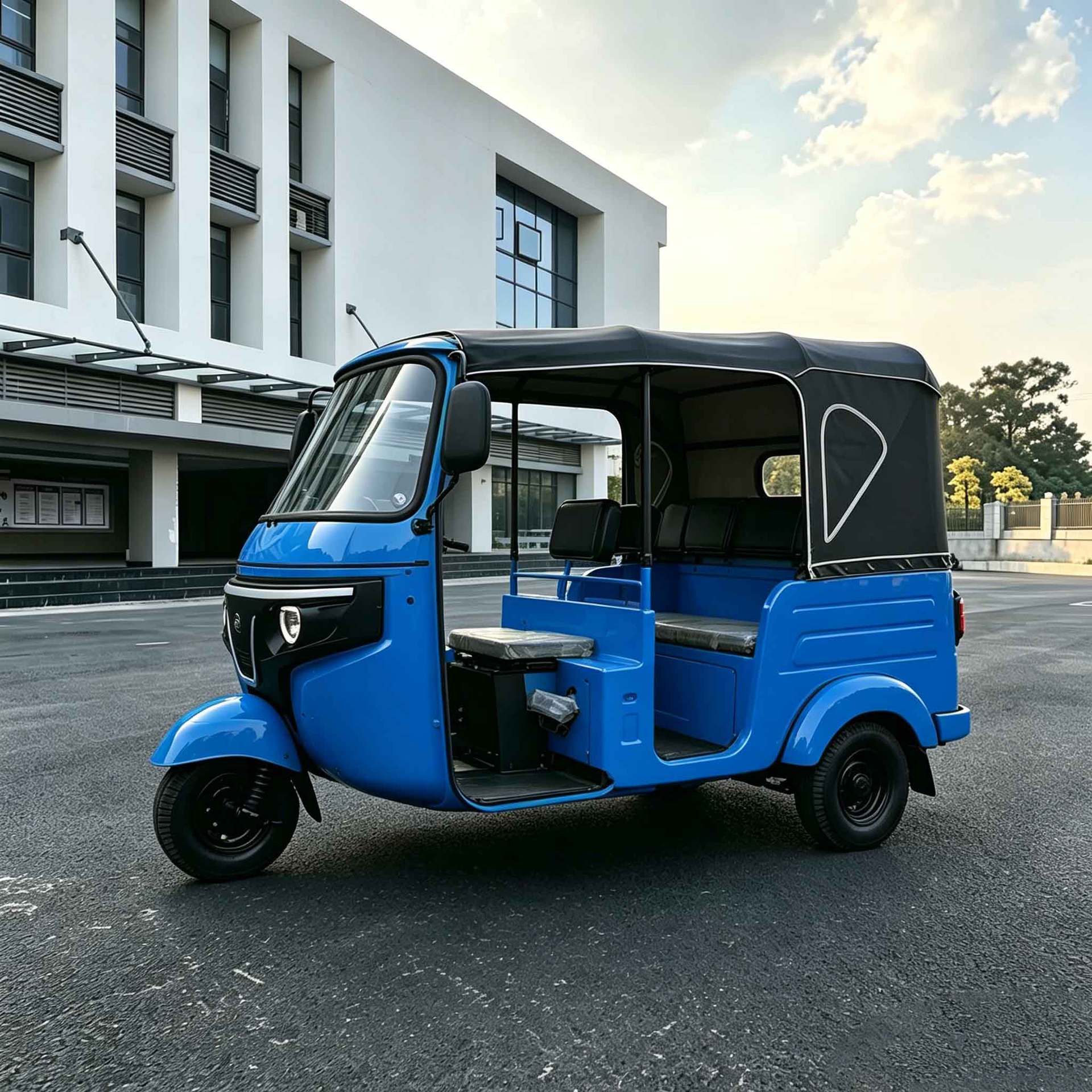 Electric passenger tourist tricycle with front shock absorber and swing arm, passenger-dedicated tuktuk for export, cross-border, blue