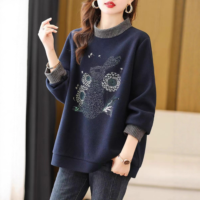 Plus Size High-Neck Embroidered Sweatshirt for Women European Version 2025 Autumn and Winter New Loose Slimming Look Versatile Foreign Style Age-Reducing Jacket Plus Size High-Neck Embroidered Sweatshirt for Women European Version 2025 Autumn and Winter New Loose Slimming Look Versatile Foreign Style Age-Reducing Jacket
