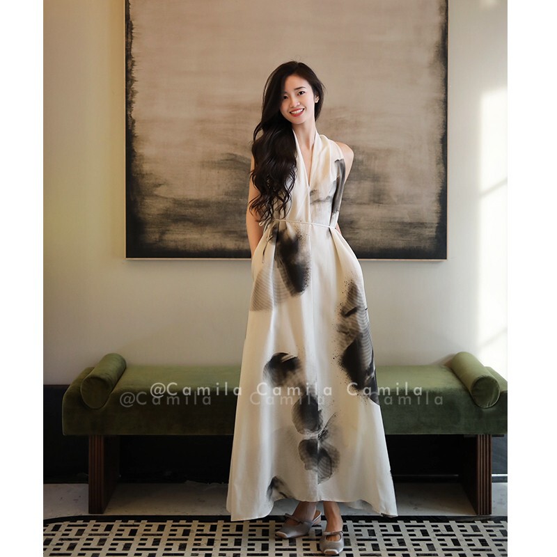 Unique Design Ink Painting Halterneck Suspender Dress for Women Summer New Style French Accessible Luxury Super Beautiful Elegant Long Skirt
