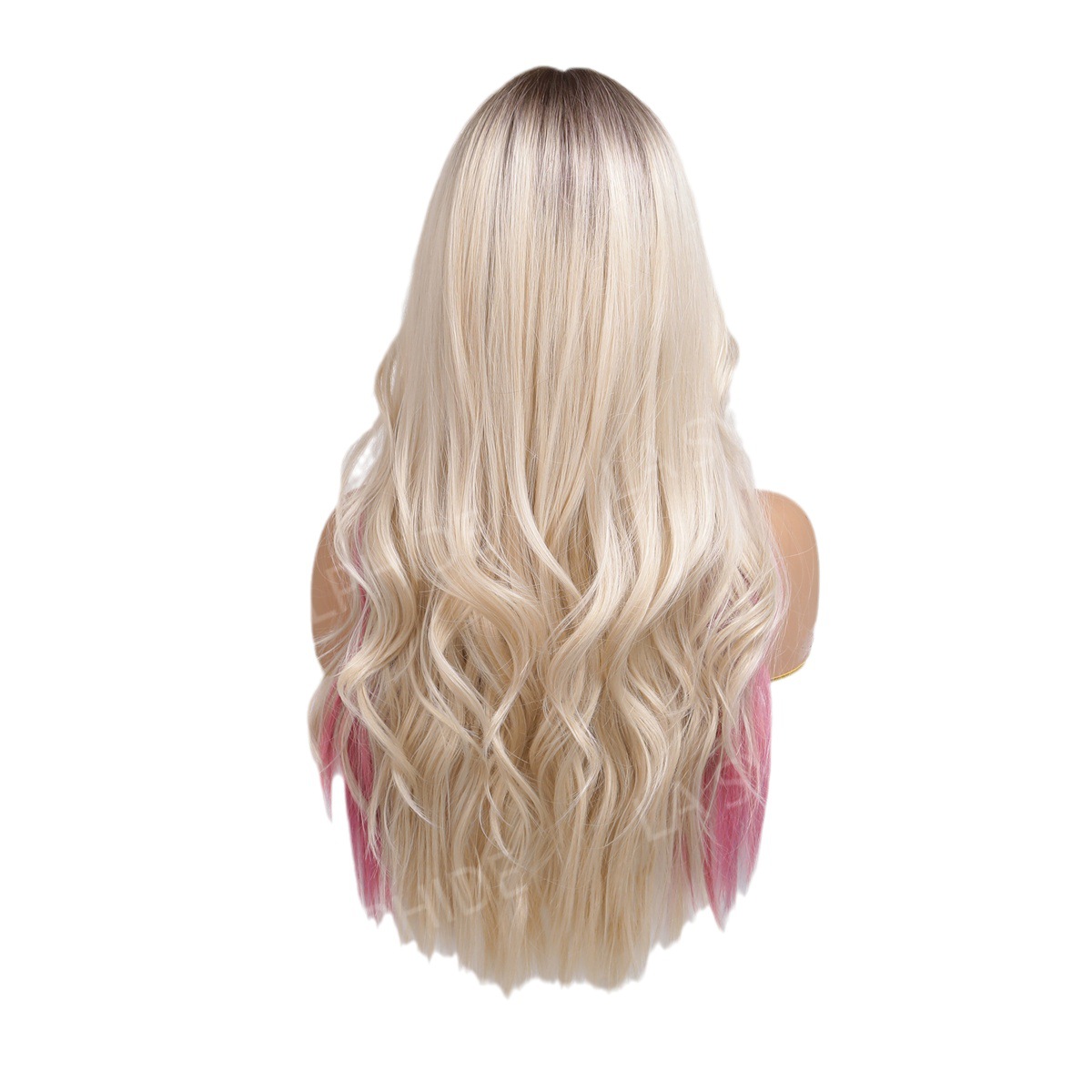 Temu cross-border Long curly hair wig women's bangs pink white gold rose net full head cover Long wig