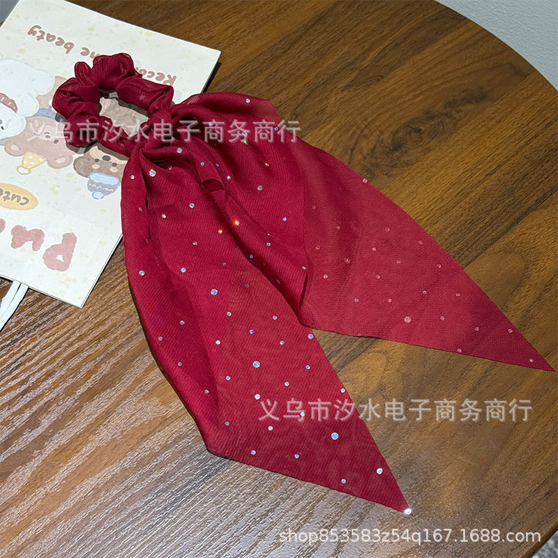 6色小肠圈纯色亮片圆点发饰飘带头饰女后脑勺扎马尾黑色红色发圈|undefined