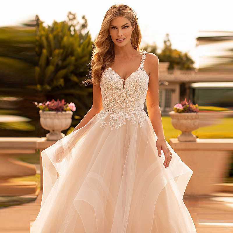 Vestido DE NOVIA DE DOBLE hombro fino 2024 nueva primavera nupcial profundo cuello en V encaje SLIM-Fit de lujo esponjoso vestido de novia