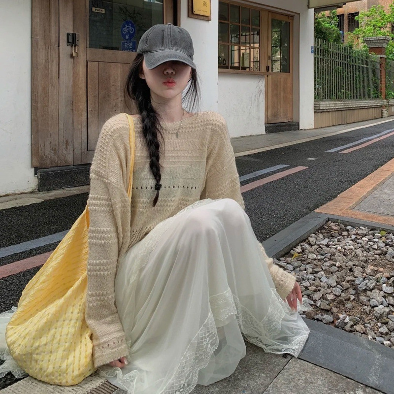 Leisure Weekend~ Hollow Jacquard Round Neck Knitwear for Women Autumn Loose Lazy Knitted Blouse