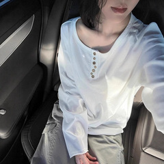 小个子白色圆领正肩长袖t恤罩衫女夏季巨好看修身短款防晒衫上衣