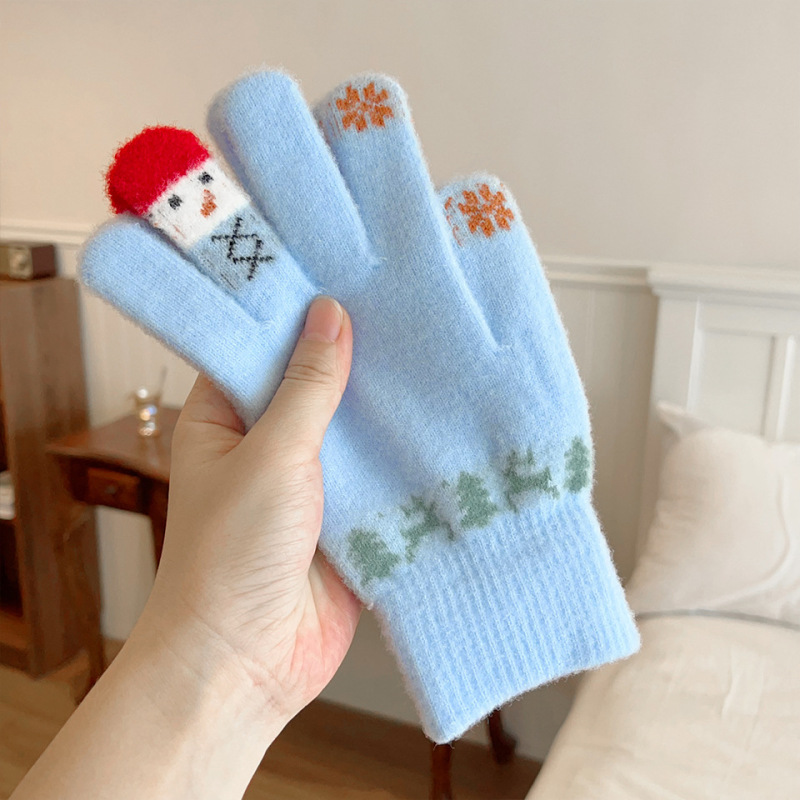 圣诞节少女针织毛线手套秋冬季防寒保暖五指圣诞鹿圣诞树雪人雪花|undefined