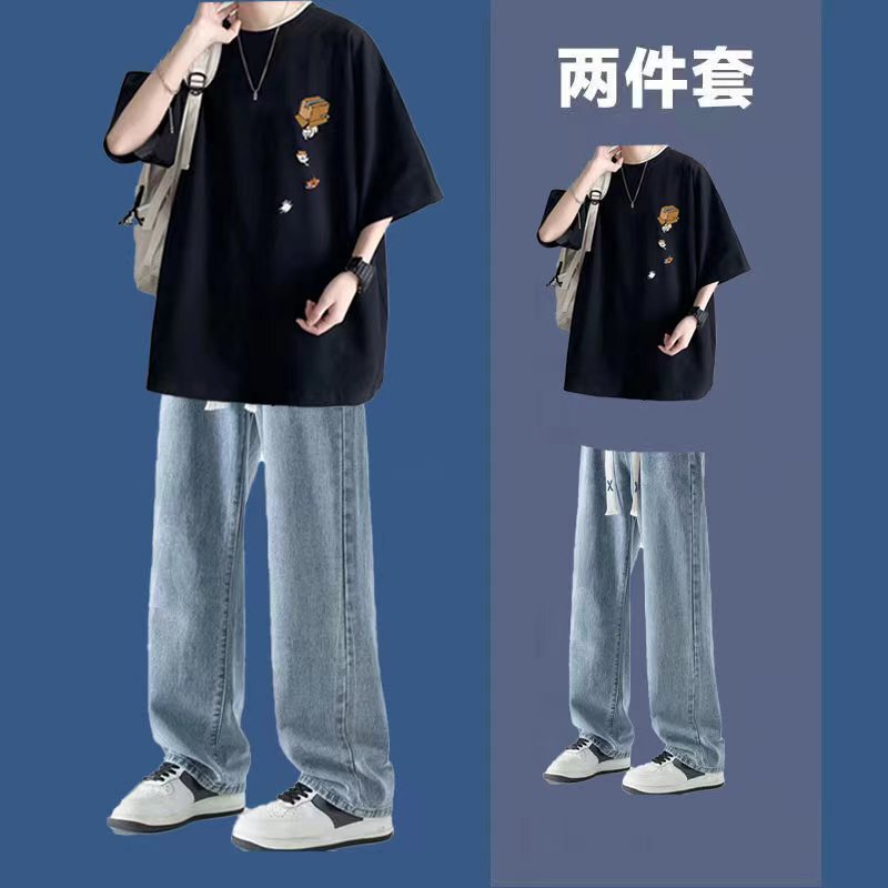 Summer Boys' Two-Piece Suit, Hong Kong Style Loose Short-Sleeved T-Shirt and Straight Jeans, a Complete Set for Students to Wear