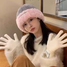 毛线帽女秋冬季百搭针织包头显脸小保暖护耳卷边毛茸茸冷帽大头围