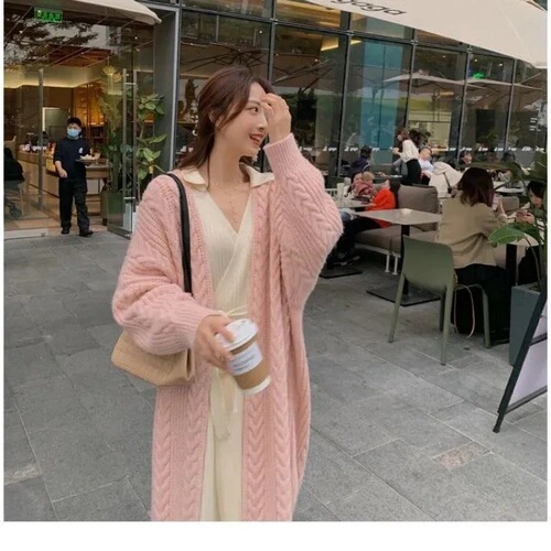 Korean Version New Retro Fashion Minimalist Thick Loose Cable Knit Winter Medium Length Cardigan Sweater