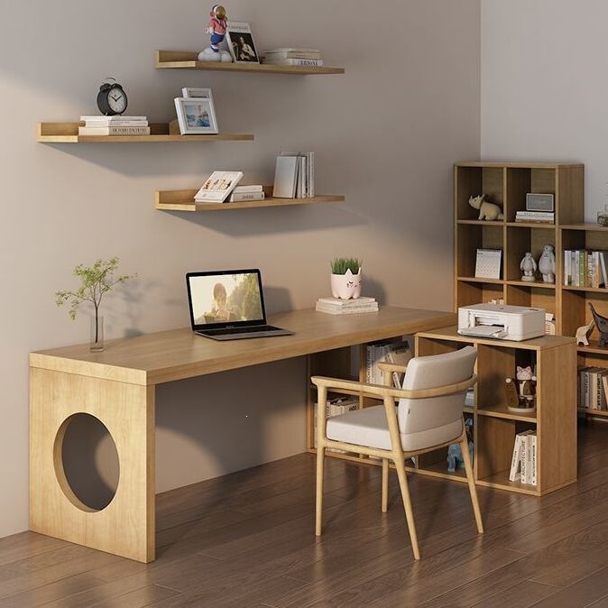 Solid wood desk with bookshelf, integrated corner computer desk with storage rack, suitable for study, living room, home office, and study, custom-made table
