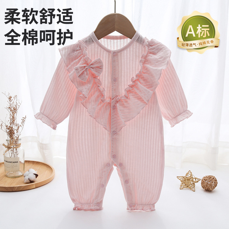 新款薄款长袖婴儿连体衣 甜美蝴蝶结宝宝爬爬衣公主满月厂家批发