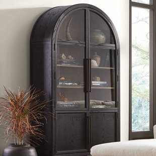 American Style Entry Luxury Solid Wood Bookcase Nordic Sideboard Black Arched Glass Door Decorative Bookshelf French Vintage Wine Cabinet