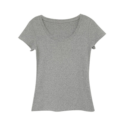 Nantao Spice Girl U-collar Shoulder Short-sleeved T-shirt Women's 2025 Summer Basic Solid Color All-match High Elastic Slim-fit Slimming Top