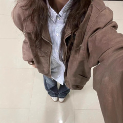 美式皮衣外套女春秋季复古高街翻领百搭学生宽松情侣夹克棒球服潮