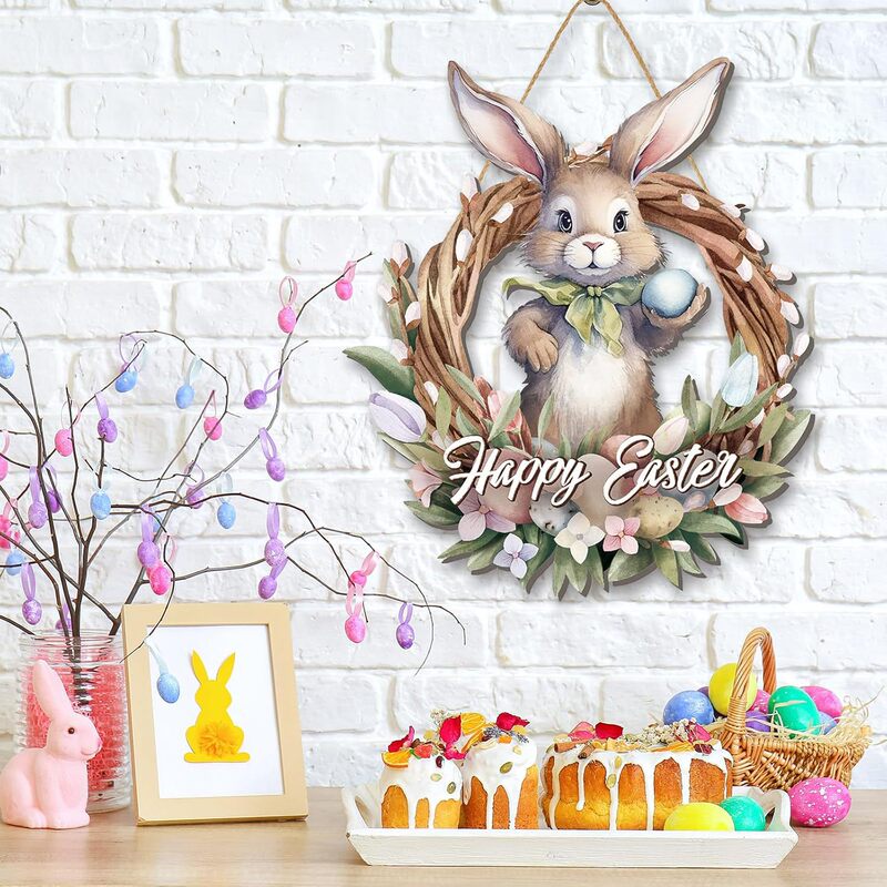 Cross-Border New Easter Creative Spring Flowers Rabbit Door Sign Farmhouse Front Door Welcome Wooden Sign