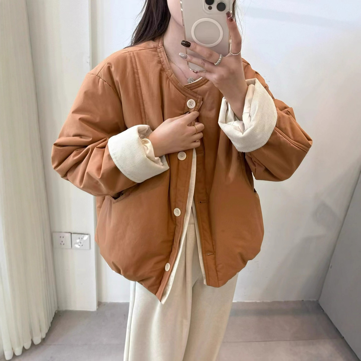 家112-17 韩系拼接色门禁袖棉衣外套8317