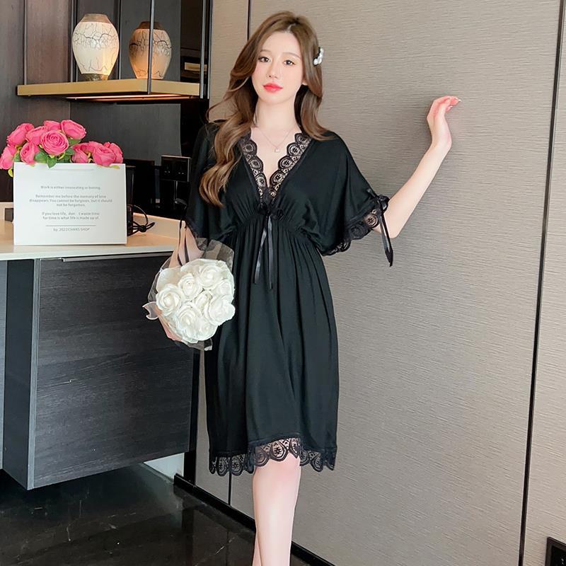 2023 verano pijamas chica manga corta de encaje sexy camisón Delgado profundo V modal dulce homewear