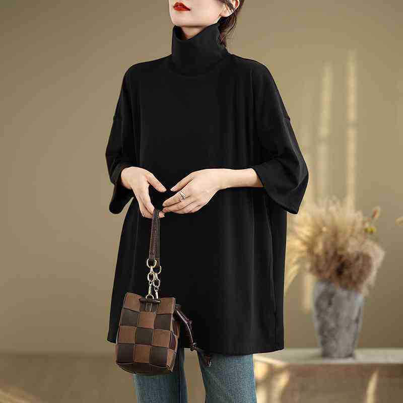 Plus Size Literary Retro High-Neck Half-Sleeved T-Shirt for Women 2025 Autum New Loose Slimming Look Outer Wear Right Shoulder Bottoming Shirt Plus Size Literary Retro High-Neck Half-Sleeved T-Shirt for Women 2025 Autum New Loose Slimming Look Outer Wear Right Shoulder Bottoming Shirt