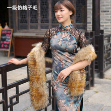 秋冬保暖网红披肩旗袍仿皮草色新娘大长晚礼服女毛毛绒加宽围脖巾
