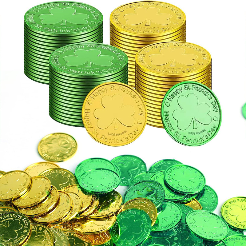 Irish Shamrock Plastic Coins St. Patrick's Day Gold Green Electroplated Coins Currency Coins Props Irish Shamrock Plastic Coins St. Patrick's Day Gold Green Electroplated Coins Currency Coins Props
