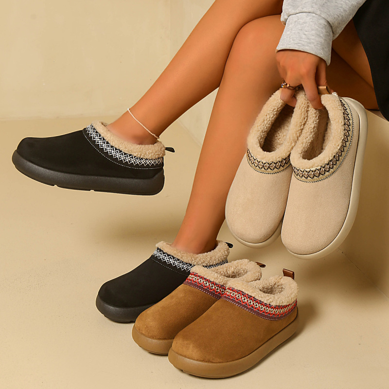 Large Size Winter New Style Warm Ethnic Style Woven Thick-Soled Snow Boots for Women, Fleece-Lined Warm Slip-On Cotton Slippers