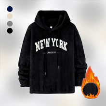 跨境欧美秋冬加绒加厚男式休闲抽绳连帽卫衣羊羔绒复古字母印花