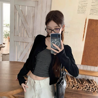 小众撞色条纹吊带背心辣妹套装女秋季气质长袖开衫短款外套两件套