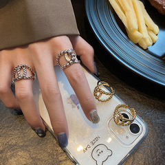 日韓風潮流氣質黃金色戒指女簡約金屬質感小圓珠交叉食指指環飾品