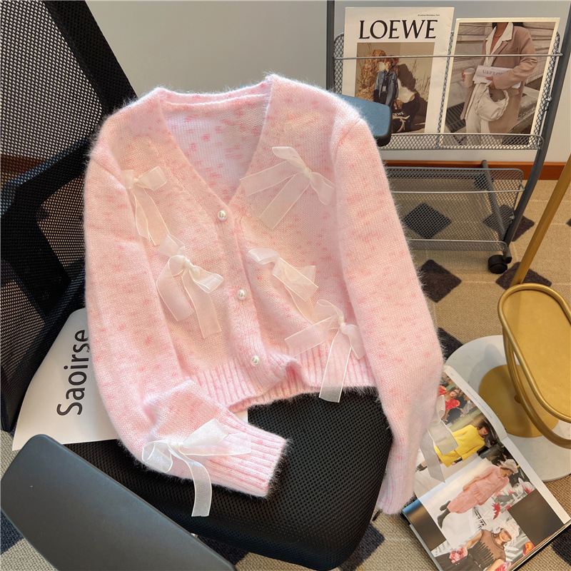 韩系chic秋冬女装温柔风软糯针织开衫短款V领蝴蝶结装饰长袖毛衣|undefined