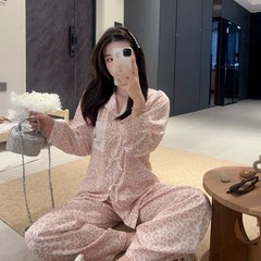 女生睡衣维家同款粉豹纹套装卡通丝绸KT猫冰丝春秋家居服套装长袖