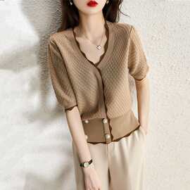 小香风冰丝针织衫女夏新款高端荷叶边气质轻熟显瘦高级感短袖上衣