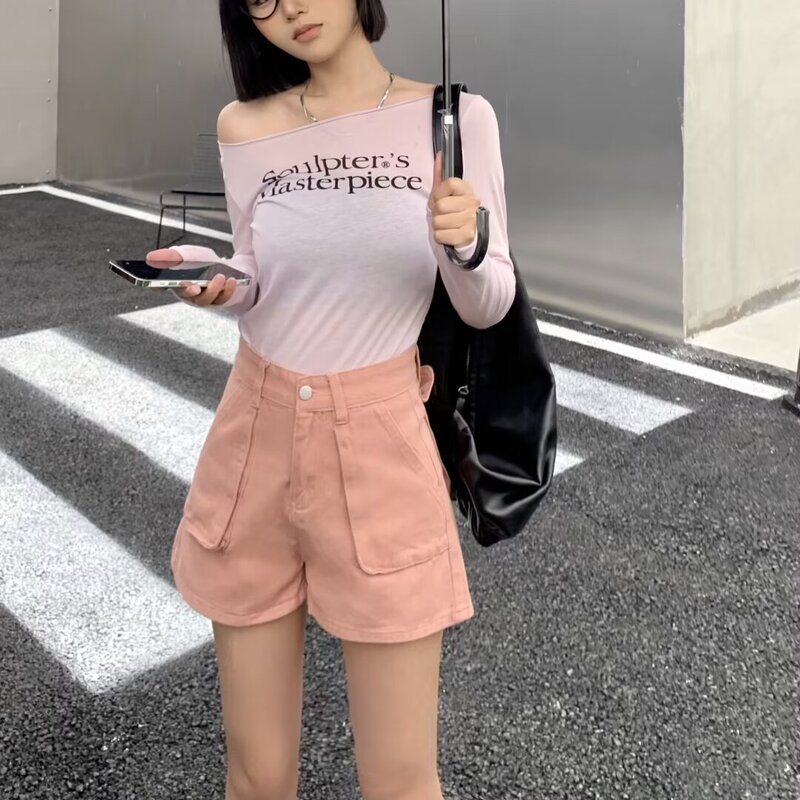 American Style Pocket Pink Tooling Denim Shorts Girls Summer Thin High Waist Slim-fit A- shape Casual Hot Pants