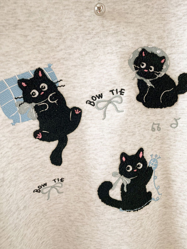 韩系慵懒风猫咪刺绣无帽卫衣女宽松大码胖mm爆款卫衣上衣女A6459|undefined