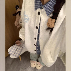 美式复古字母刺绣纽扣开衫卫衣女春秋oversize薄款宽松外套棒球服